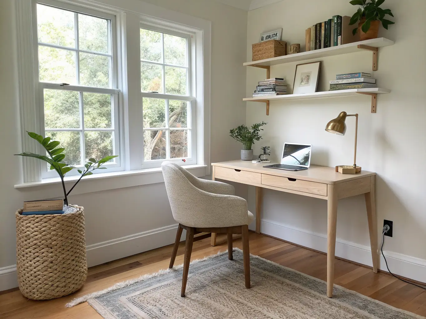 Serene window alcove study nook with pale birch desk, oatmeal boucle chair, white oak shelves with books and pothos, jute rug, and brass lamp against sage walls in soft morning light.
