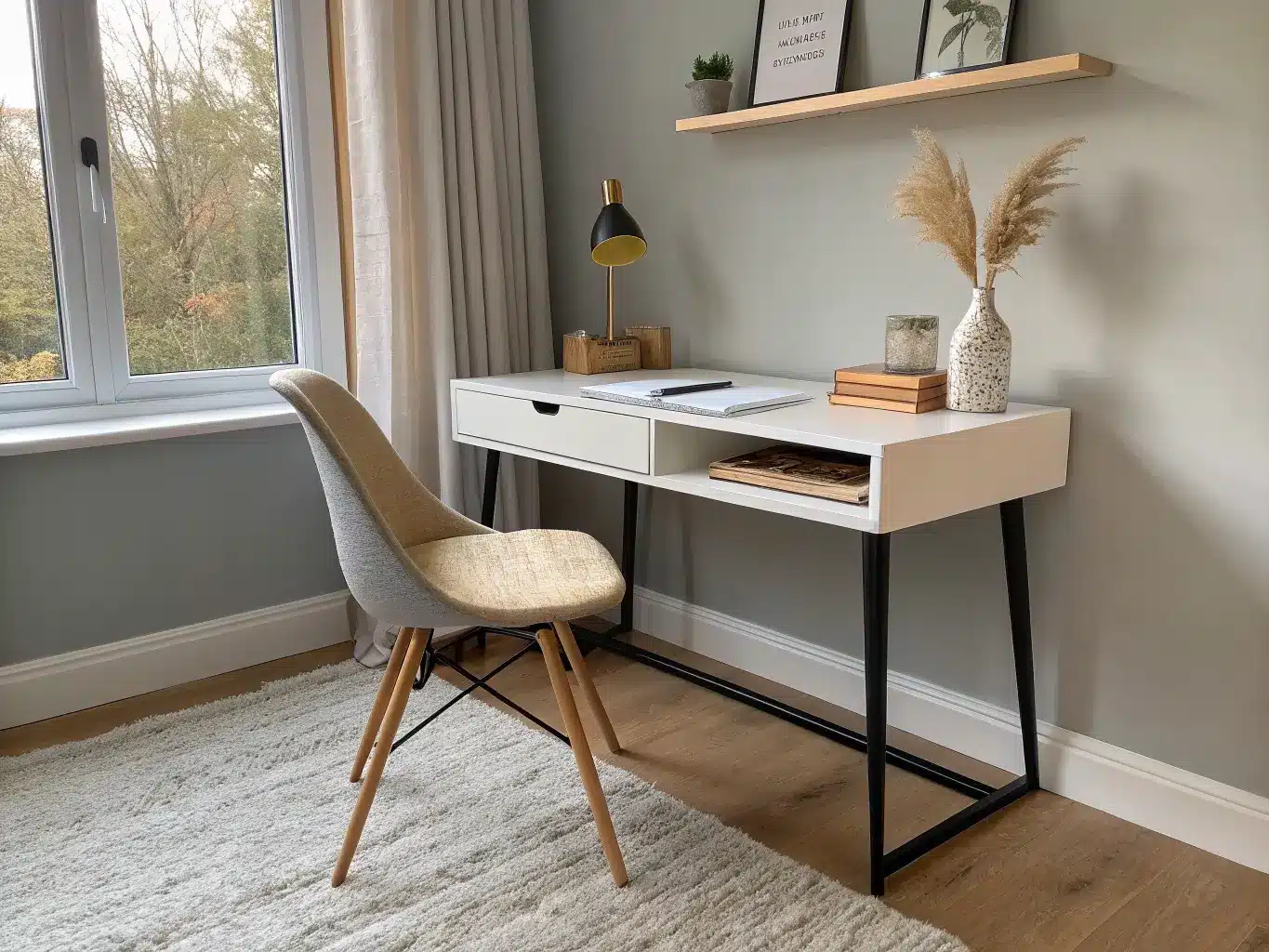 Minimalist Scandi bedroom study corner with white desk, oak wishbone chair, floating birch shelf, cream rug, and warm lamp glow at golden hour.
