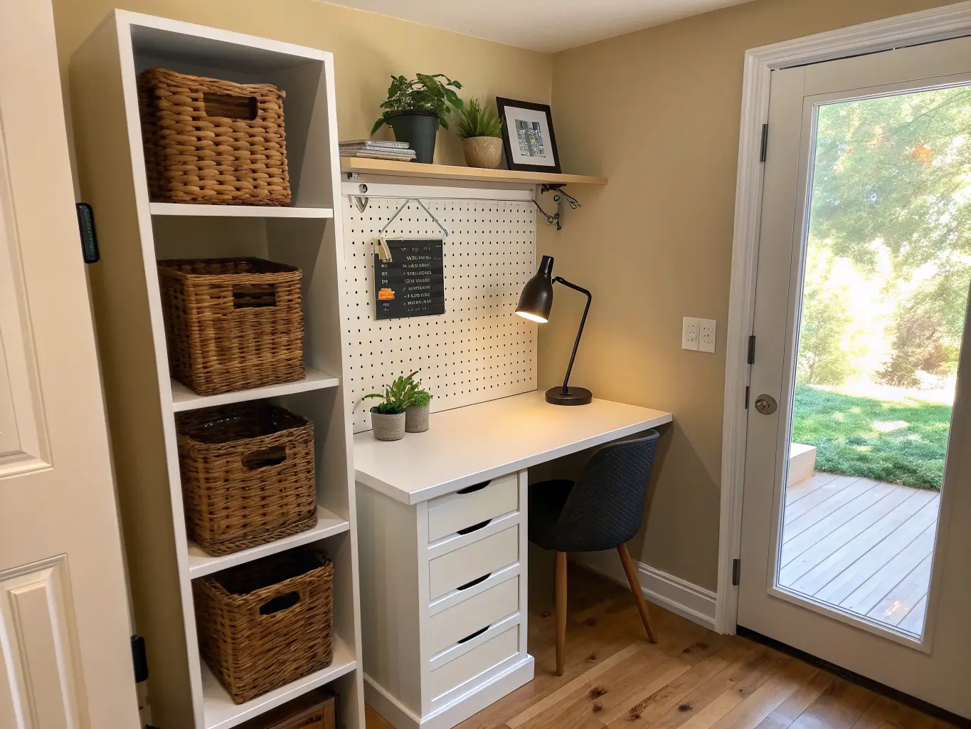 Photorealistic closet-turned-study nook with a white wall-mounted desk, matte black pegboard storage, warm beige walls, floating oak shelf with baskets and a succulent, and a slim lamp lighting an open notebook.