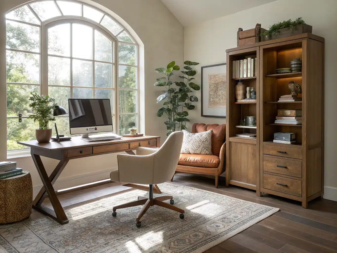 Organic modern home office with arched window, oak desk and bookcase, taupe ergonomic chair, ivy plant, and warm afternoon sunlight over a jute rug.