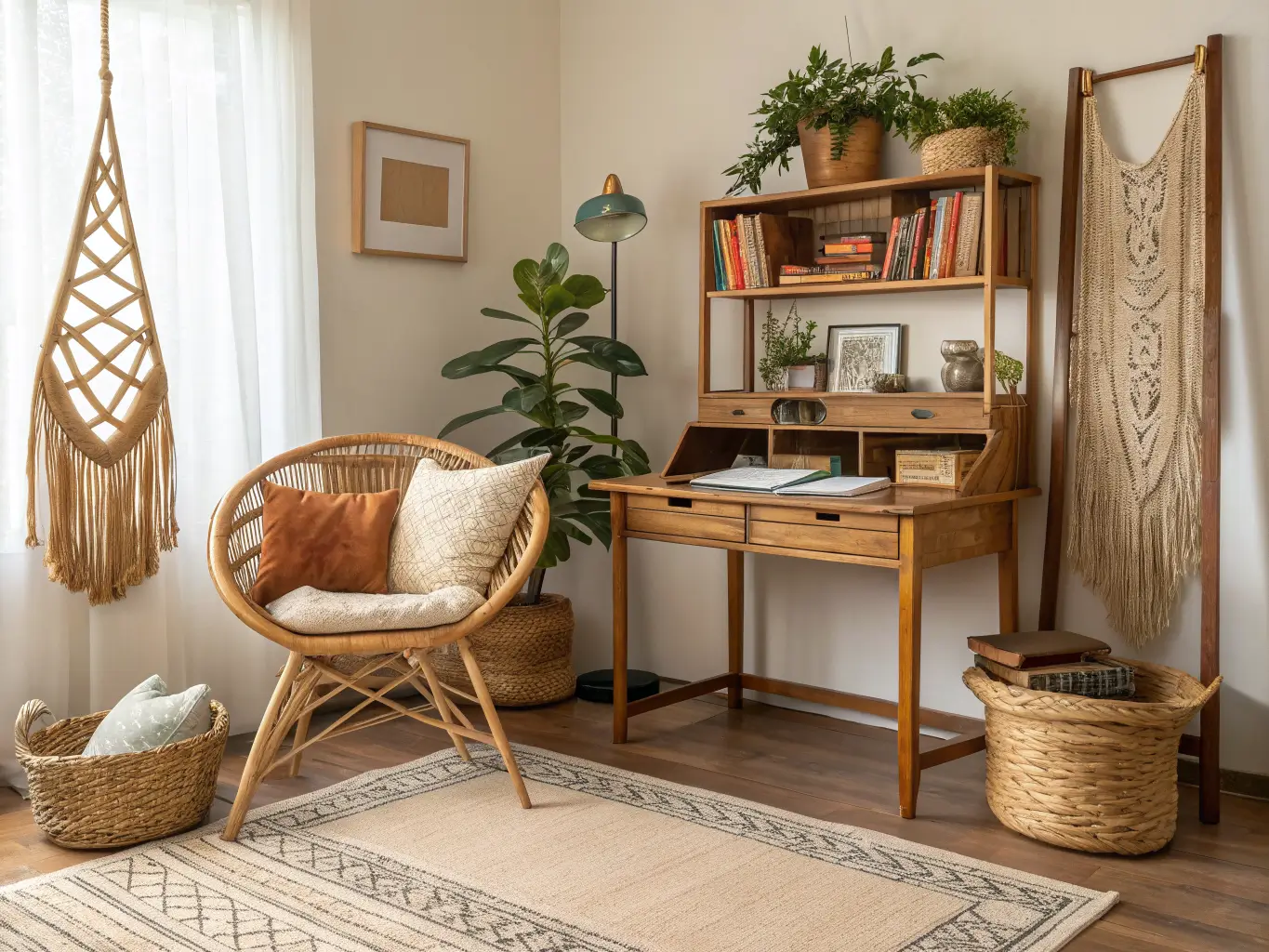 Low-angle photorealistic boho study corner with rattan desk, woven chair, jute rug, trailing pothos in macrame hanger, open wood shelves, and warm light through linen curtains.