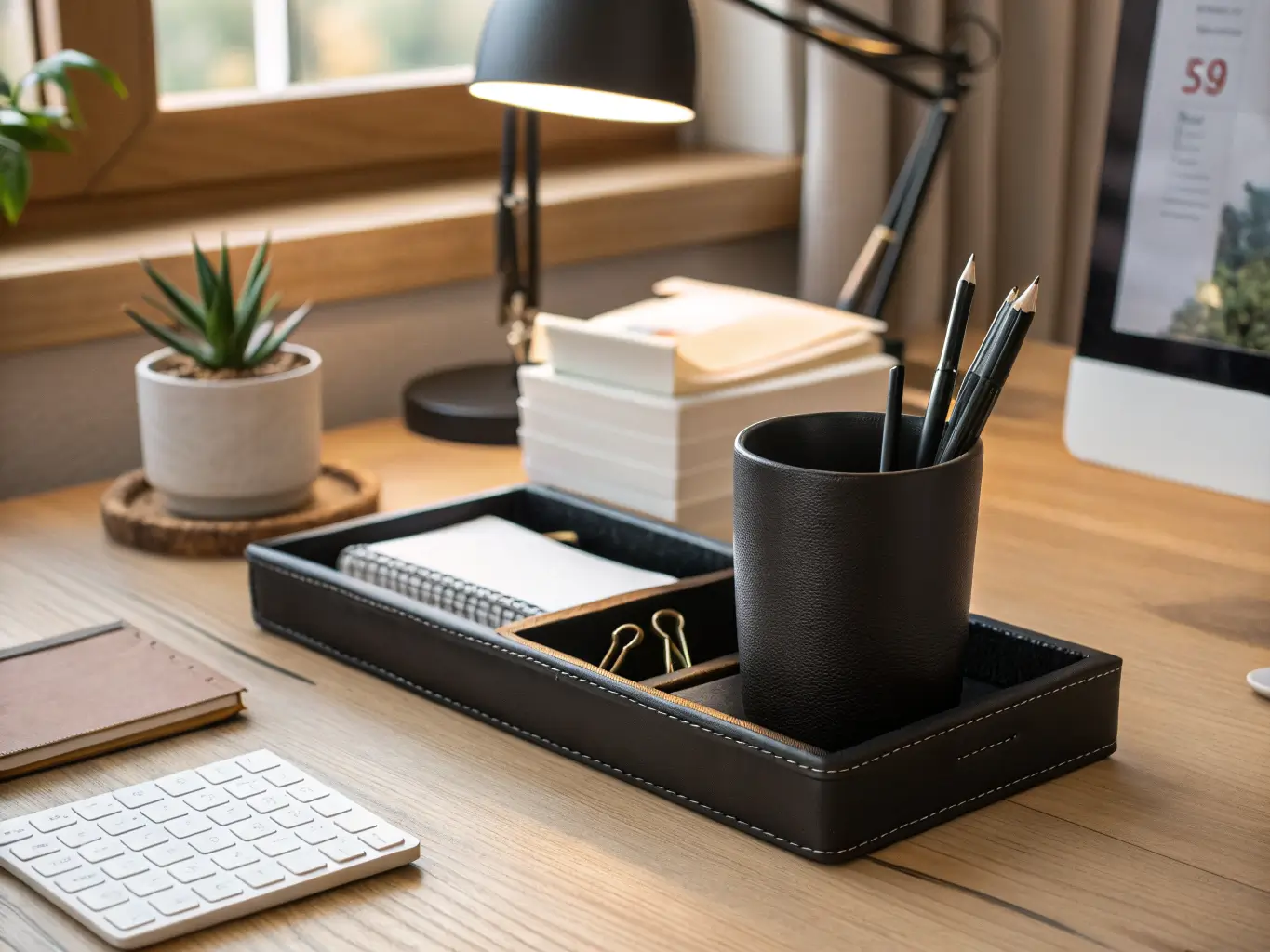 Close-up of a minimalist desk organizer on a light oak desk with a matte black pen cup, leather tray of paperclips, white file sorter, and small succulent, softly lit by a warm lamp.