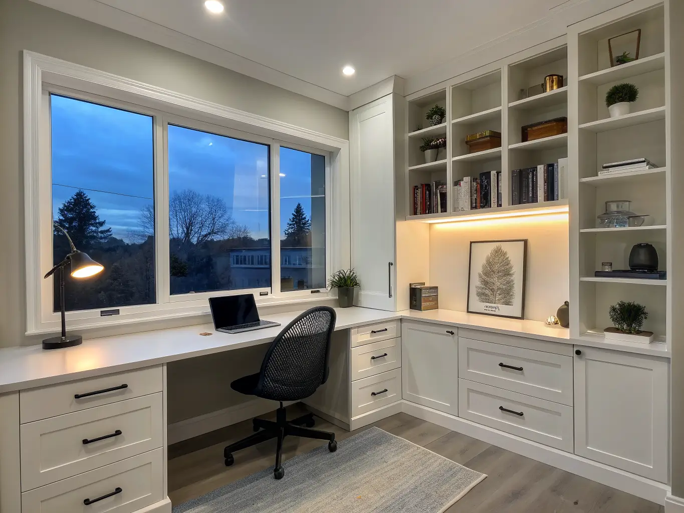Modern minimalist study with matte white floor-to-ceiling shelves, white desk under a window, black mesh chair, abstract wall art, snake plant, oak floor, and warm evening lamp light against blue dusk.