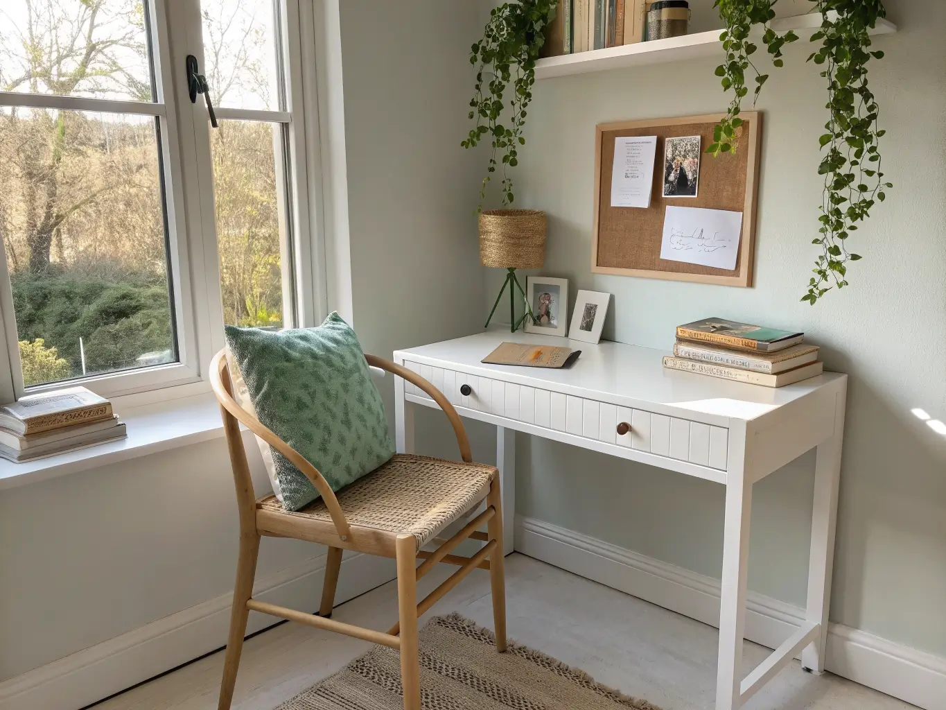 Window-lit reading nook with a slim white desk, light oak wishbone chair with sage cushion, corkboard and floating shelf with books and trailing ivy, sunlight casting soft shadows on a pale birch floor.