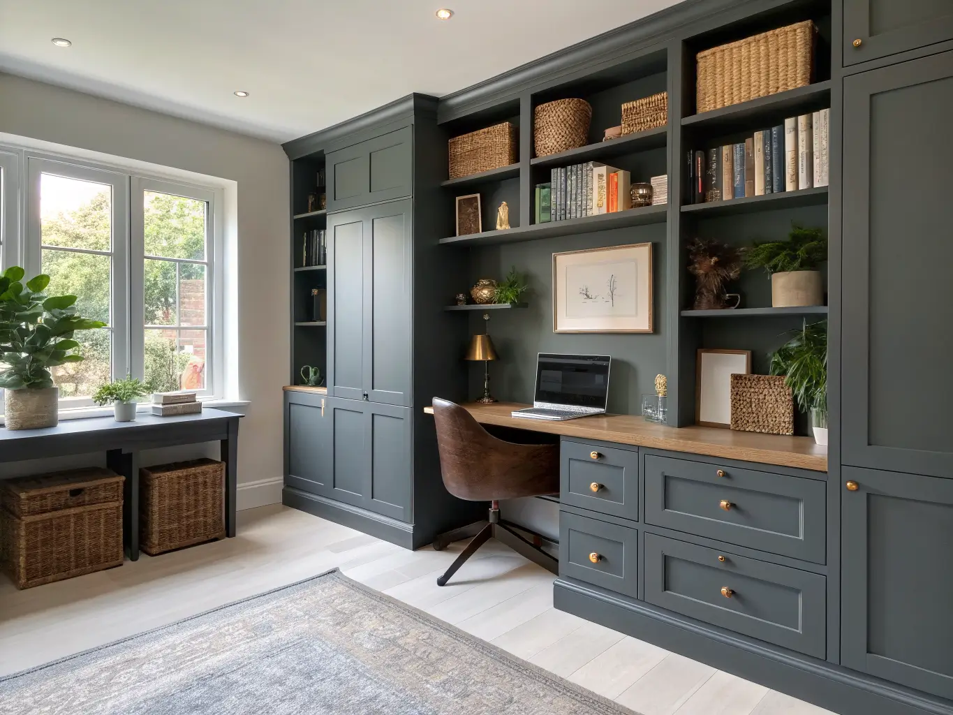 Floor-to-ceiling built-in study wall with light oak shelves, charcoal lower cabinets, and a centered desk with brass lamp, books, baskets, and trailing plants in warm morning light.