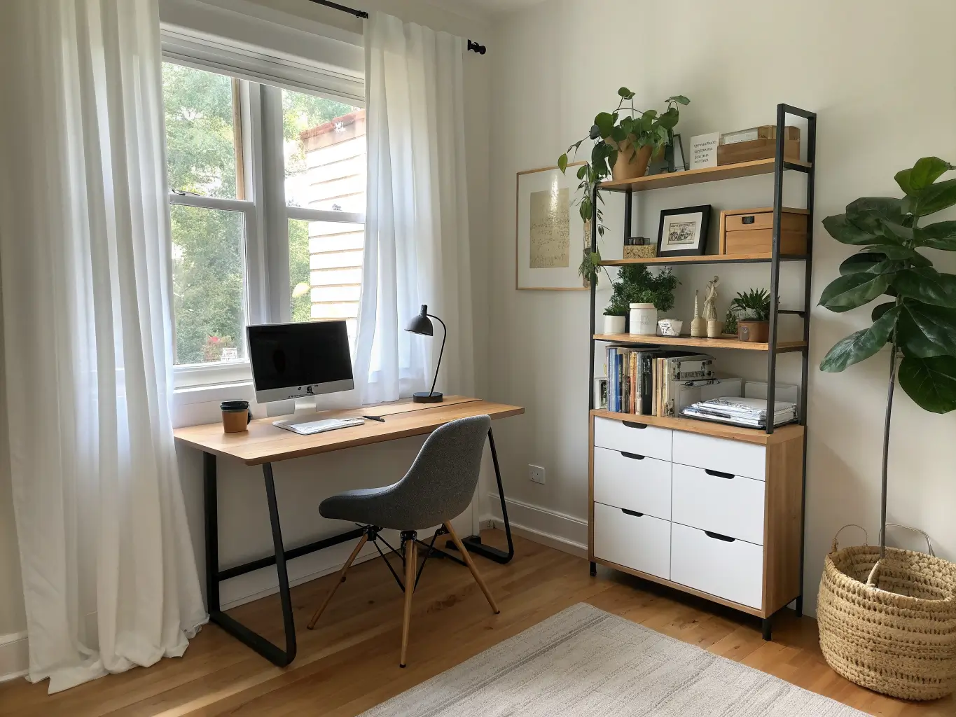 Scandinavian minimalist home office with pale oak desk, black chair, floating shelves, and soft window light in a small spare bedroom.