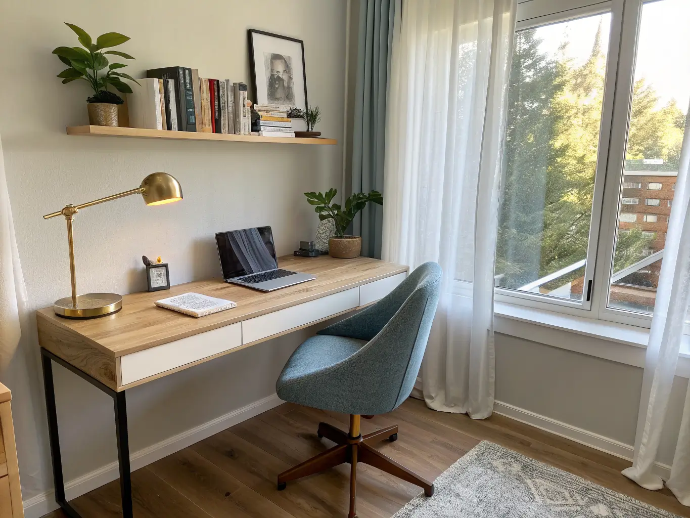 Floating desk perpendicular to a large window in a warm neutral home office, with soft morning light, blue ergonomic chair, sheer linen curtains, brass floor lamp, and open shelf with plant, books, and framed print.