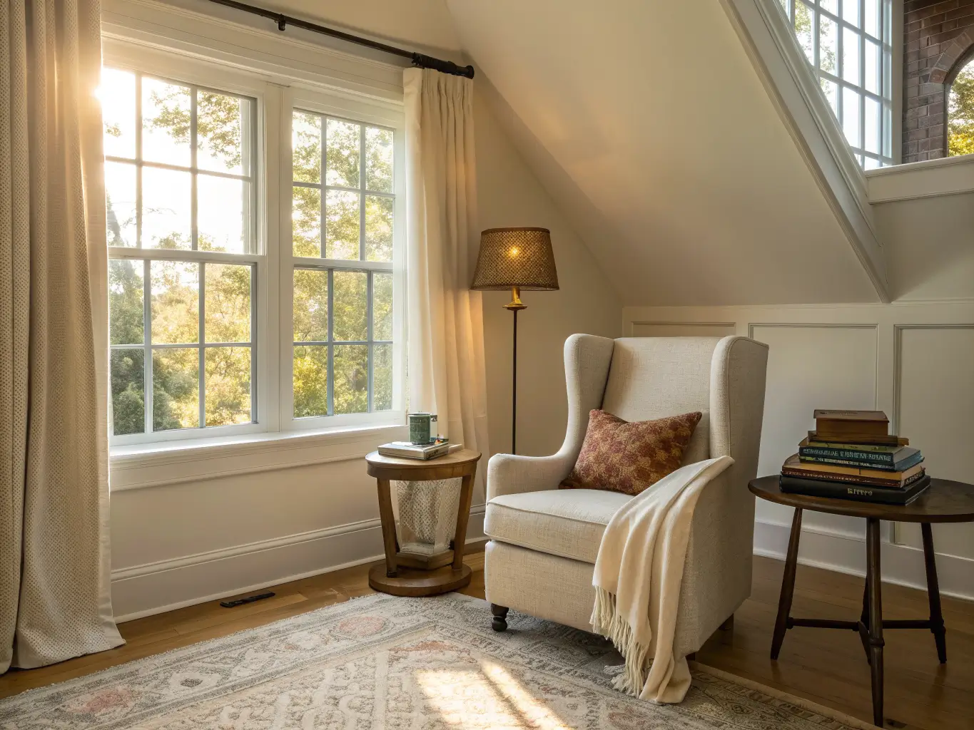 Golden-hour bedroom alcove with linen wingback chair on a wool rug by a tall window, side table with books and mug, boucle throw and green velvet pillow on white oak floors.