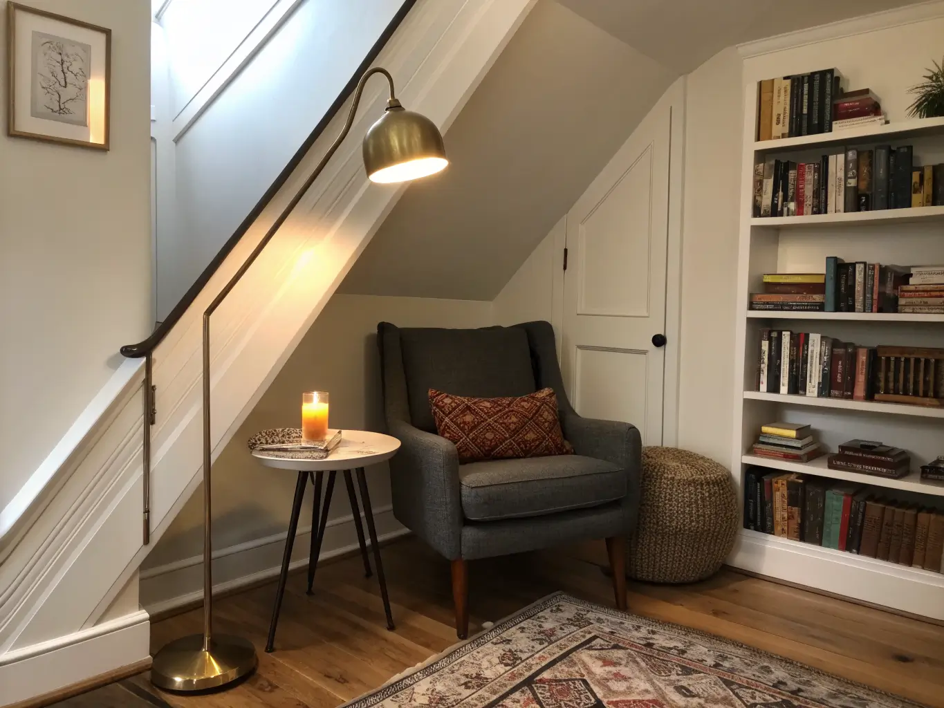 Photorealistic under-stairs reading nook with sloped ceiling, brass floor lamp, charcoal slipper chair, walnut pedestal table with candle and glasses, ladder shelf of books, and camel wool rug in warm evening light.