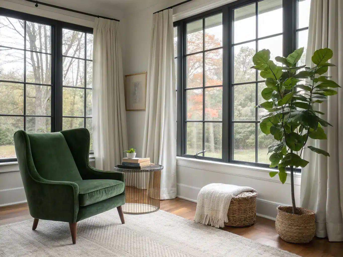 Photorealistic living room bay window with sheer linen curtains, green velvet armchair, nesting tables with books and herb, wool herringbone rug, and fiddle-leaf fig in soft daylight.