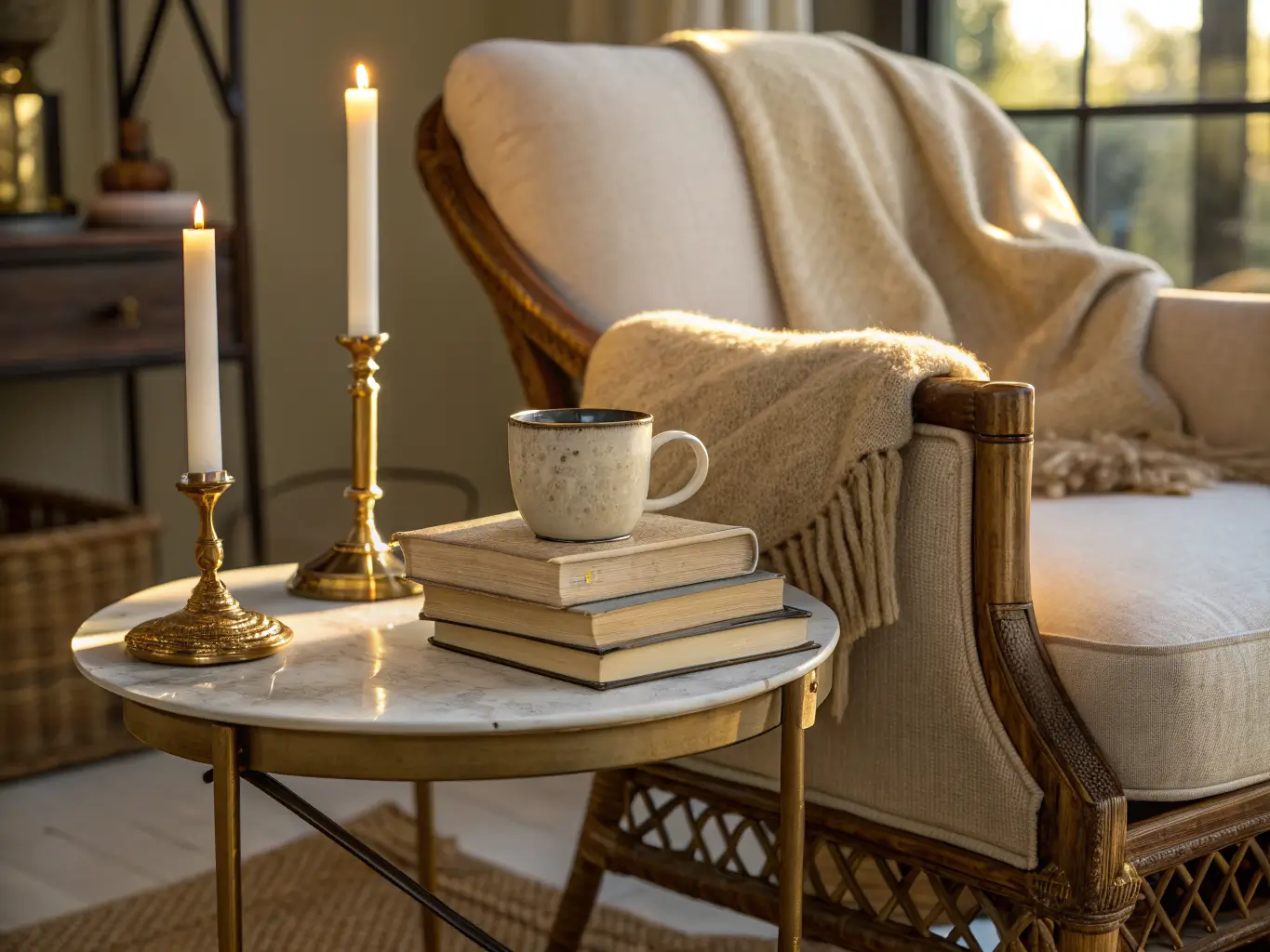 Close-up of a brass side table beside a linen armchair, with a steaming mug, stacked books with marble bookends, and a lit taper candle in warm late-afternoon light.