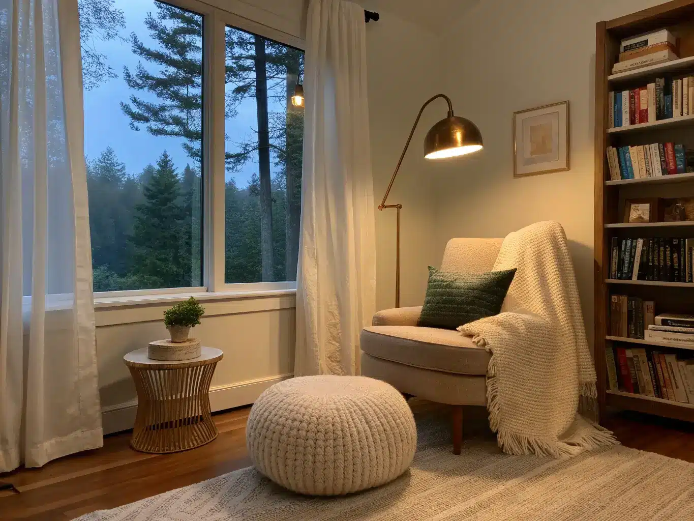 Photorealistic dusk bedroom reading corner with sheer linen curtains, brass floor lamp, cream boucle chair with green pillow, mushroom wool pouf with ivory knit throw, small shelf of books, oak floor and camel rug.