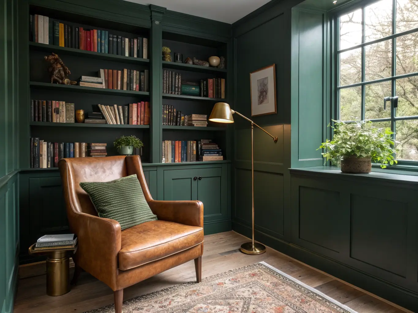 Photorealistic forest-green jewel-box reading nook with built-in shelves, camel wingback chair, arched brass floor lamp, cream rug, and late-afternoon window light.