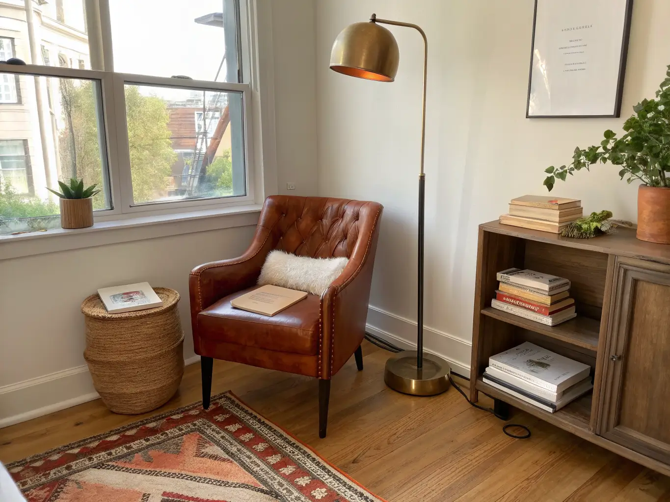Photorealistic apartment reading nook with a vintage brass-framed oxblood leather chair, side table with books and plant, terracotta rug, and glowing floor lamp in soft midday window light.