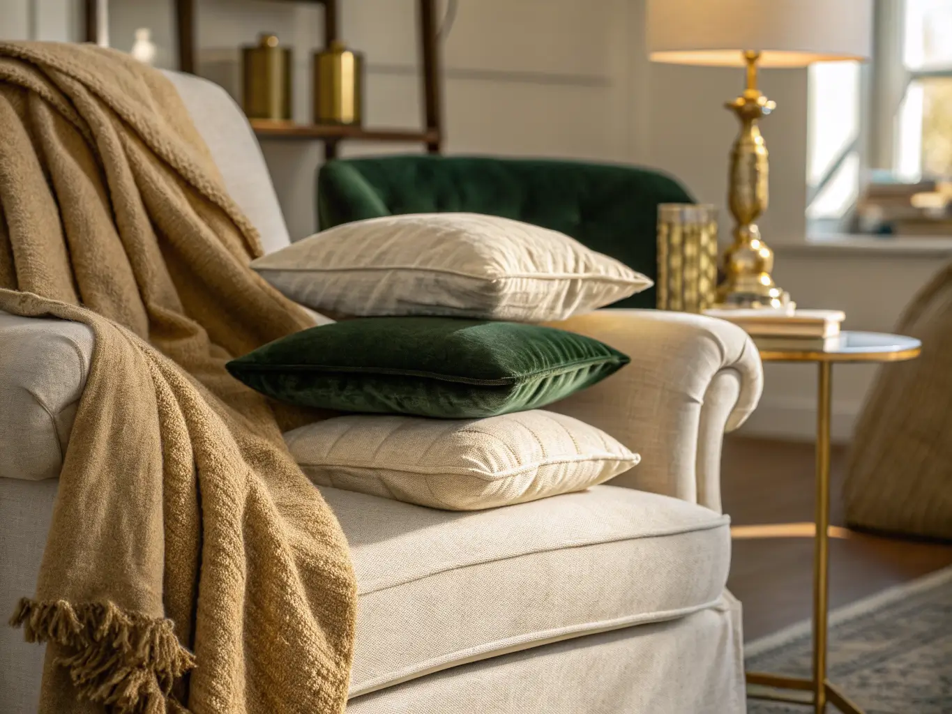 Camel bouclé throw draped over a linen wingback armchair with green velvet and cream linen pillows in warm late-afternoon light, blurred brass lamp and wool rug behind.