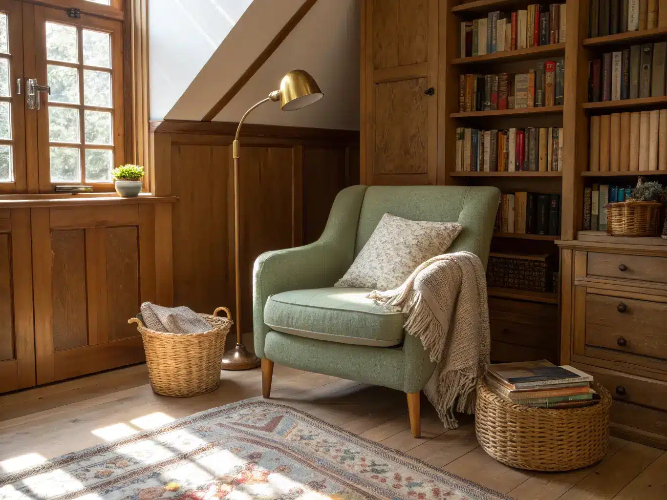 Cozy sunlit study nook with a sage-green armchair beside a light oak bookshelf, woven throw basket, brass floor lamp, and warm late-afternoon light.