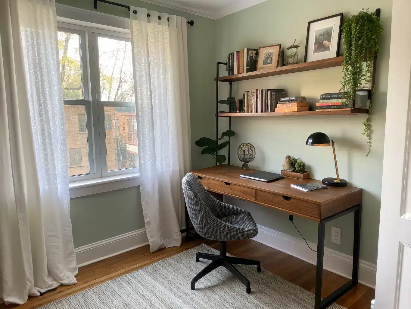Modern study nook in a small bedroom alcove with a floating walnut desk, mesh chair, oak shelves with books, brass lamp, snake plant, and sage accent wall in soft morning light.