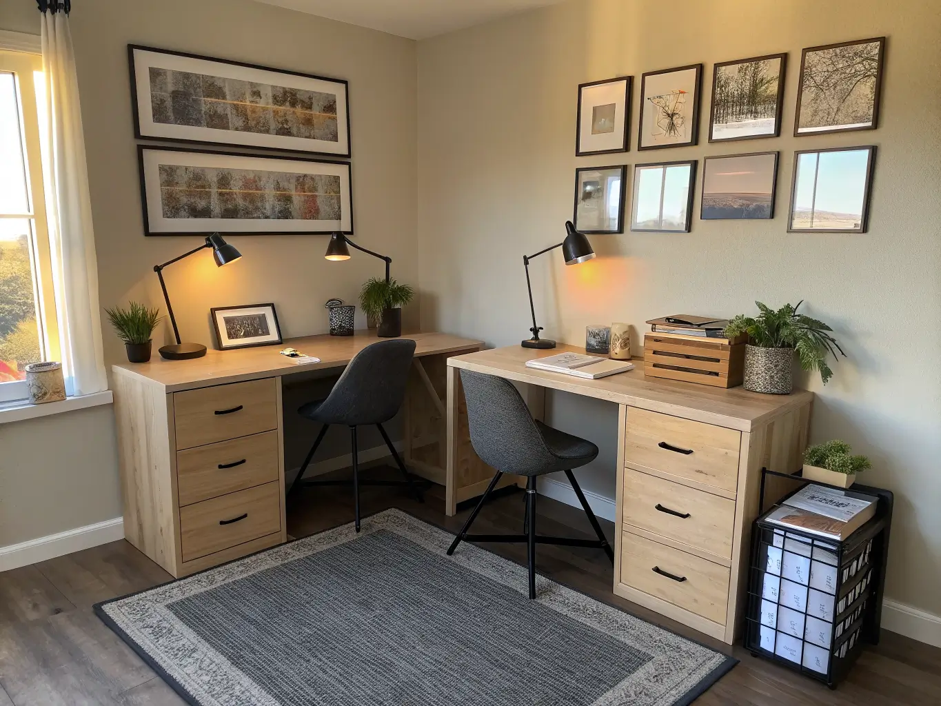 Compact shared bedroom office corner with two matching light-oak desks on opposite walls, charcoal rug, brass lamps, hidden cables, and warm golden-hour light.