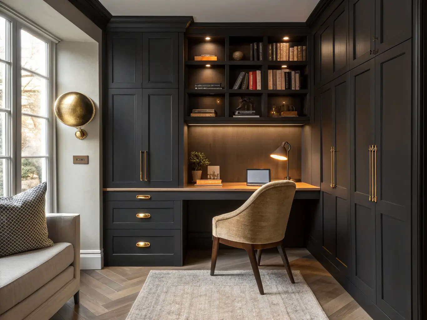 Low-angle view of a narrow built-in study nook with matte black cabinetry, walnut desk, warm sconce and task lamp, open shelves with books and a bowl, and a boucle oatmeal chair against charcoal walls and pale oak flooring.