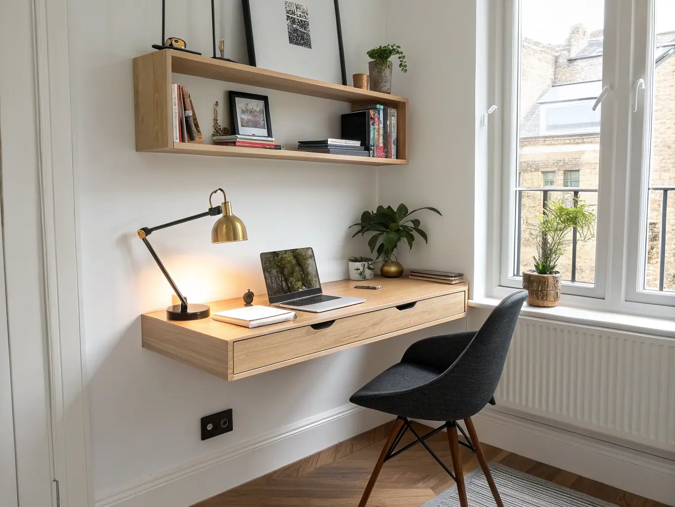 Minimalist floating light-oak desk in a narrow hallway study nook with black task chair, brass lamp, framed print, LED-lit shelf with books and succulent, and wall hooks in warm natural light.