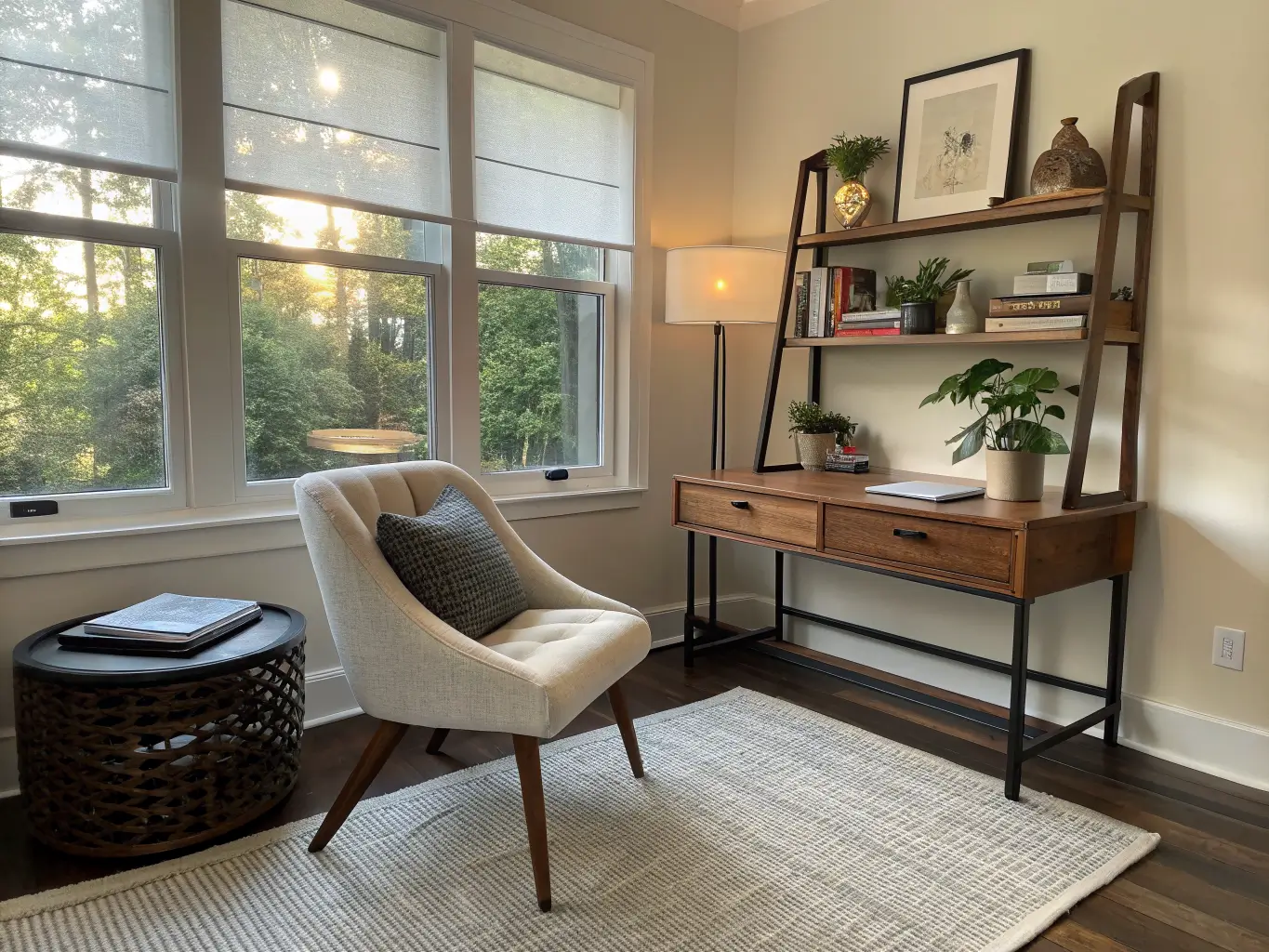 Cozy living room study nook with walnut desk by window, boucle chair with knit throw, black mesh desk chair, neutral rug, and black wall shelves with decor and trailing pothos in warm late-afternoon light.