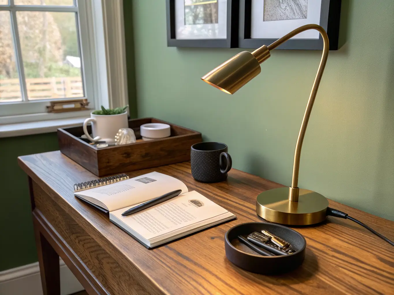 Close-up of a walnut study desk in warm window light with a brass lamp, open notebook, black paperclip dish, trailing pothos in a ceramic pot, and hidden cable tray against a sage-green wall.