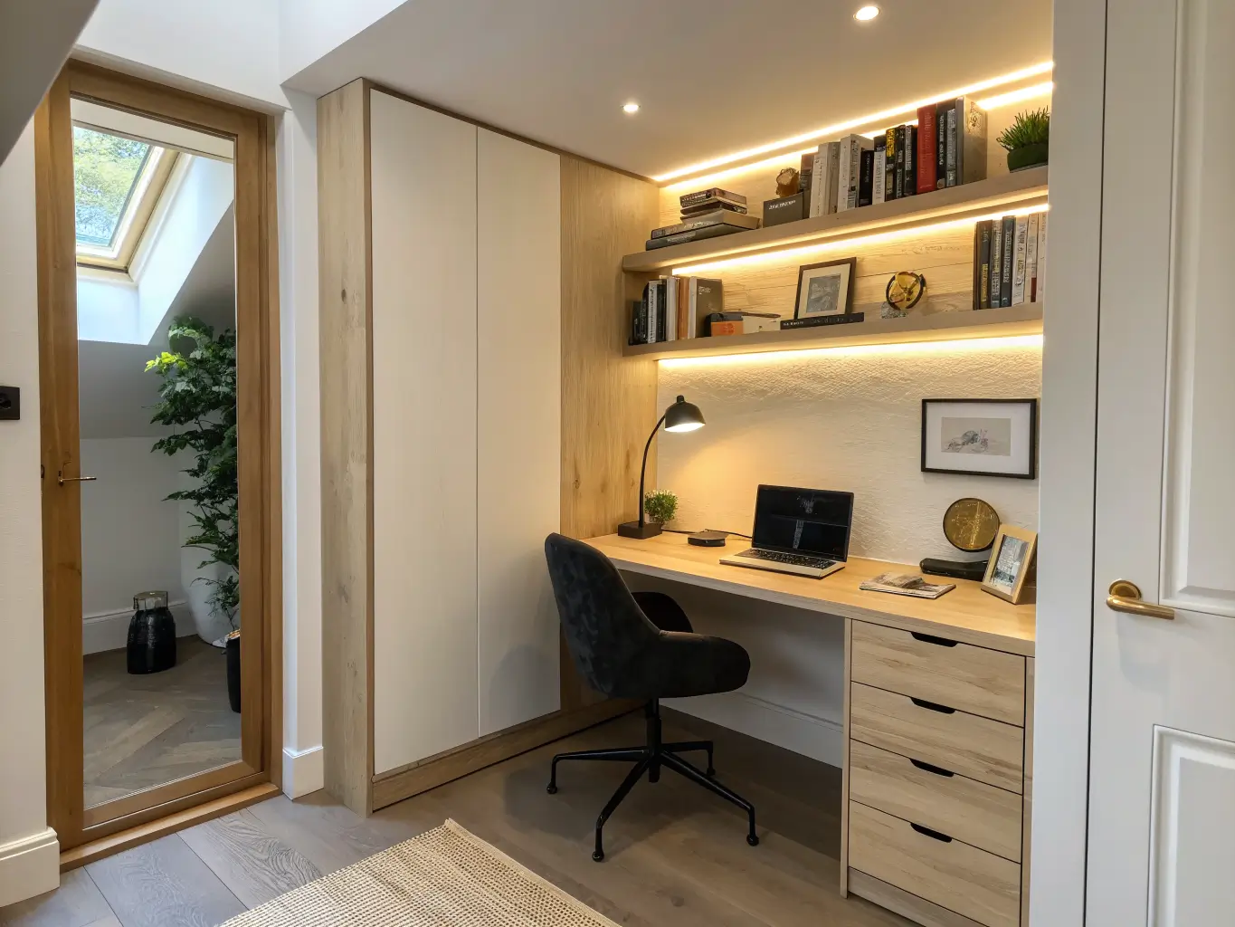 Compact walk-in closet study nook with light oak floating desk, foldaway black chair, LED-lit shelf with books and brass clock, round mirror, and woven rug.