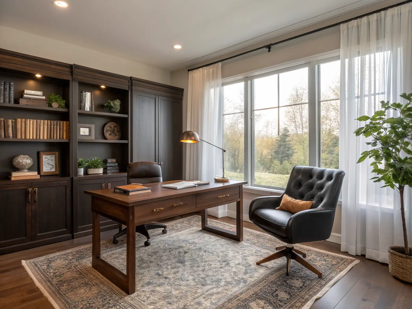 Wide view of a 100-square-foot home study with a walnut desk under curtained windows, charcoal leather chair, brass floor lamp, black built-in bookshelves, and warm taupe rug in soft morning light.
