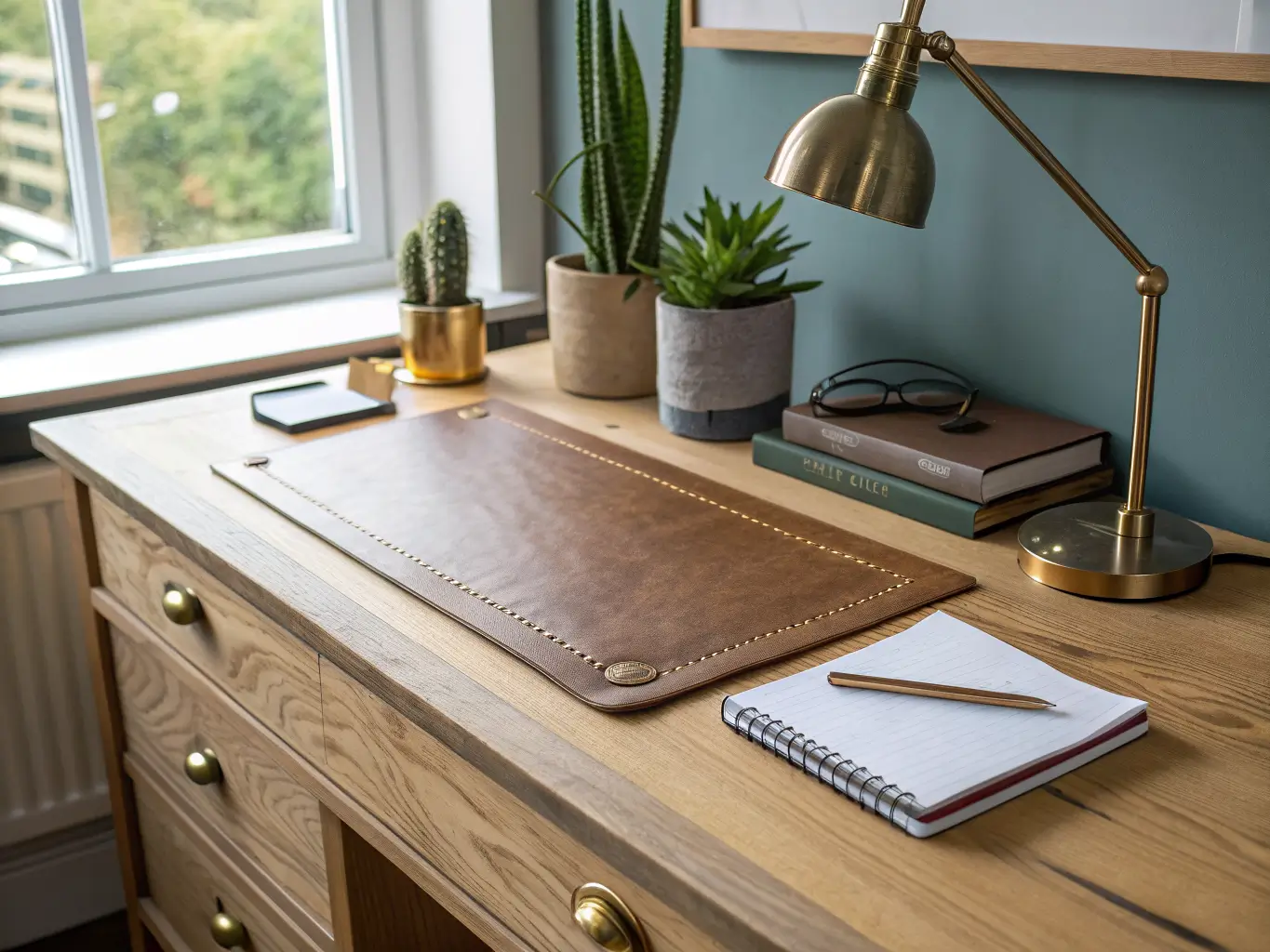 Styled close-up of a light oak floating desk with a leather pad, brass pulls, snake plant, linen notebooks, warm brushed-metal lamp, and charcoal mug against a sage-blue wall.