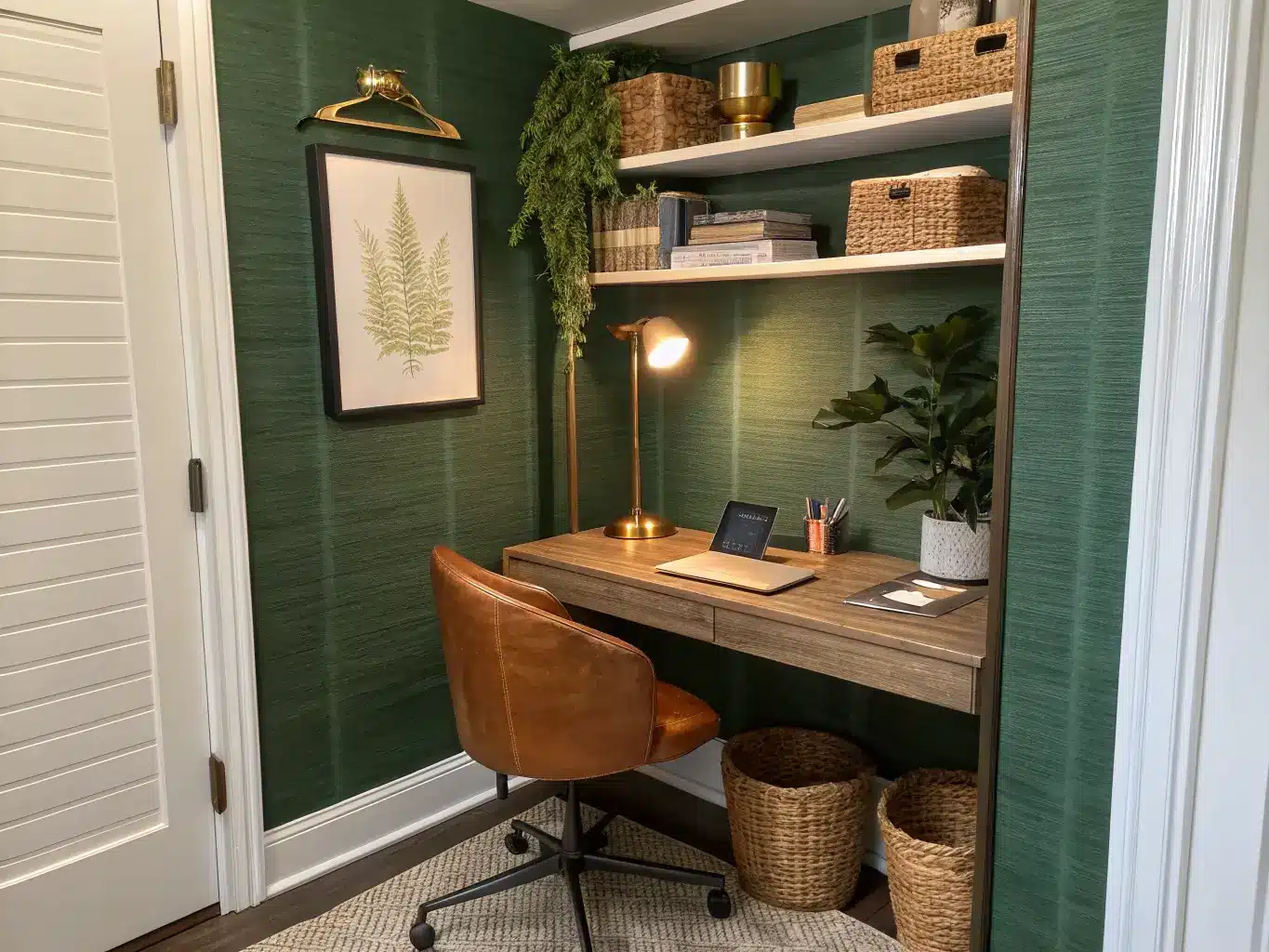 Straight-on view into a cozy converted closet office with deep green grasscloth wallpaper, warm brass sconce lighting, a narrow reclaimed-wood desk with notebooks and lamp, camel leather chair, and floating shelves with a trailing plant and woven baskets.