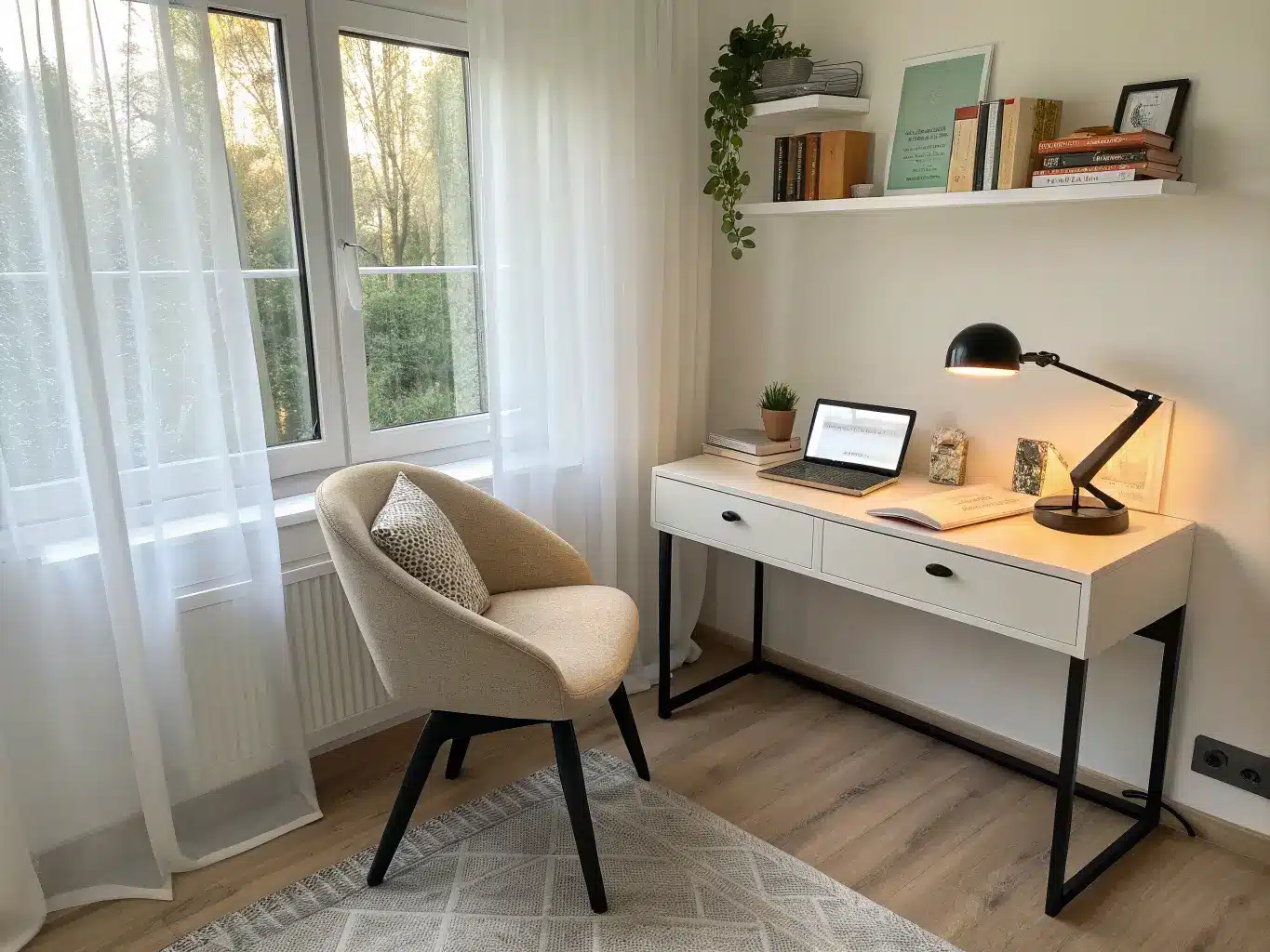 Compact Scandinavian bedroom-corner home office with white desk, beige ergonomic chair, floating oak shelf, black lamp, and pothos by a sheer-curtained window in warm late-morning light.