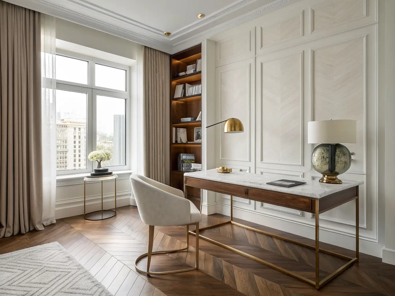 Modern luxe study with marble-look quartz desk on brass frame, walnut herringbone floor, fluted wood accent wall, and golden late-afternoon light through sheer curtains.