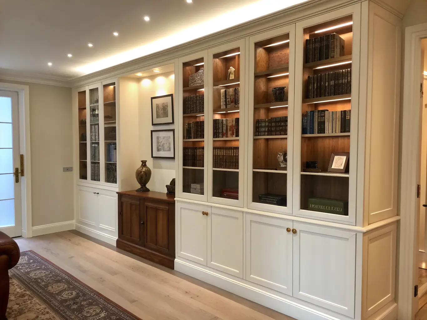 Floor-to-ceiling built-in ivory and walnut shelving with brass hardware, warm LED-lit shelves, glass doors, and curated books, sculpture, artwork, and ceramic decor in a quiet gallery-like study.