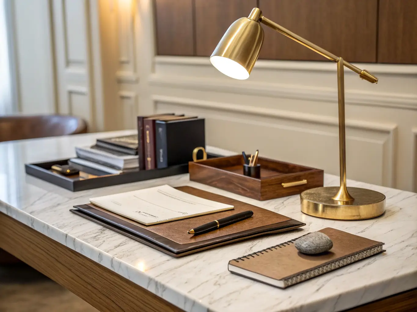 Close-up of a luxury marble-look quartz desk with brass lamp, leather tray, fountain pen, linen books, and stone paperweight against a blurred walnut panel wall.