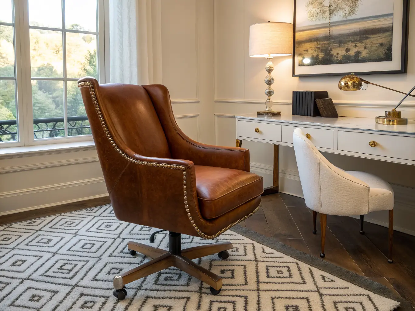 Low-angle wide shot of a cognac-brown ergonomic leather chair with brass tacks beside a marble desk, lit by warm window light over an ivory-charcoal rug and walnut floor.