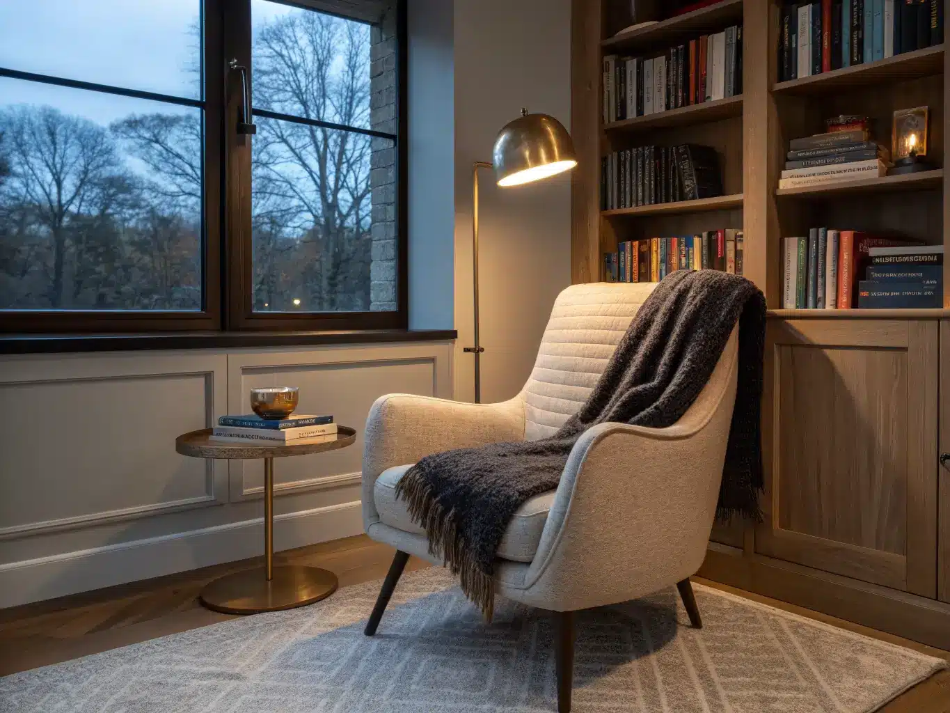 Cozy study reading nook with champagne bouclé armchair by floor-to-ceiling shelves, brass side table with books and ceramic lamp, charcoal throw, wool rug, and warm lamp light against dusk-blue window glow.