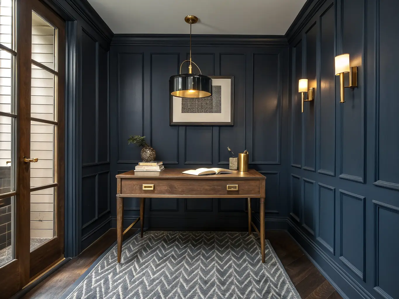 Moody secondary study nook with deep navy fluted accent wall, walnut-and-brass desk, warm brass sconces and pendant lighting, ivory trim, and charcoal diamond-pattern rug, shot from an elevated wide angle.