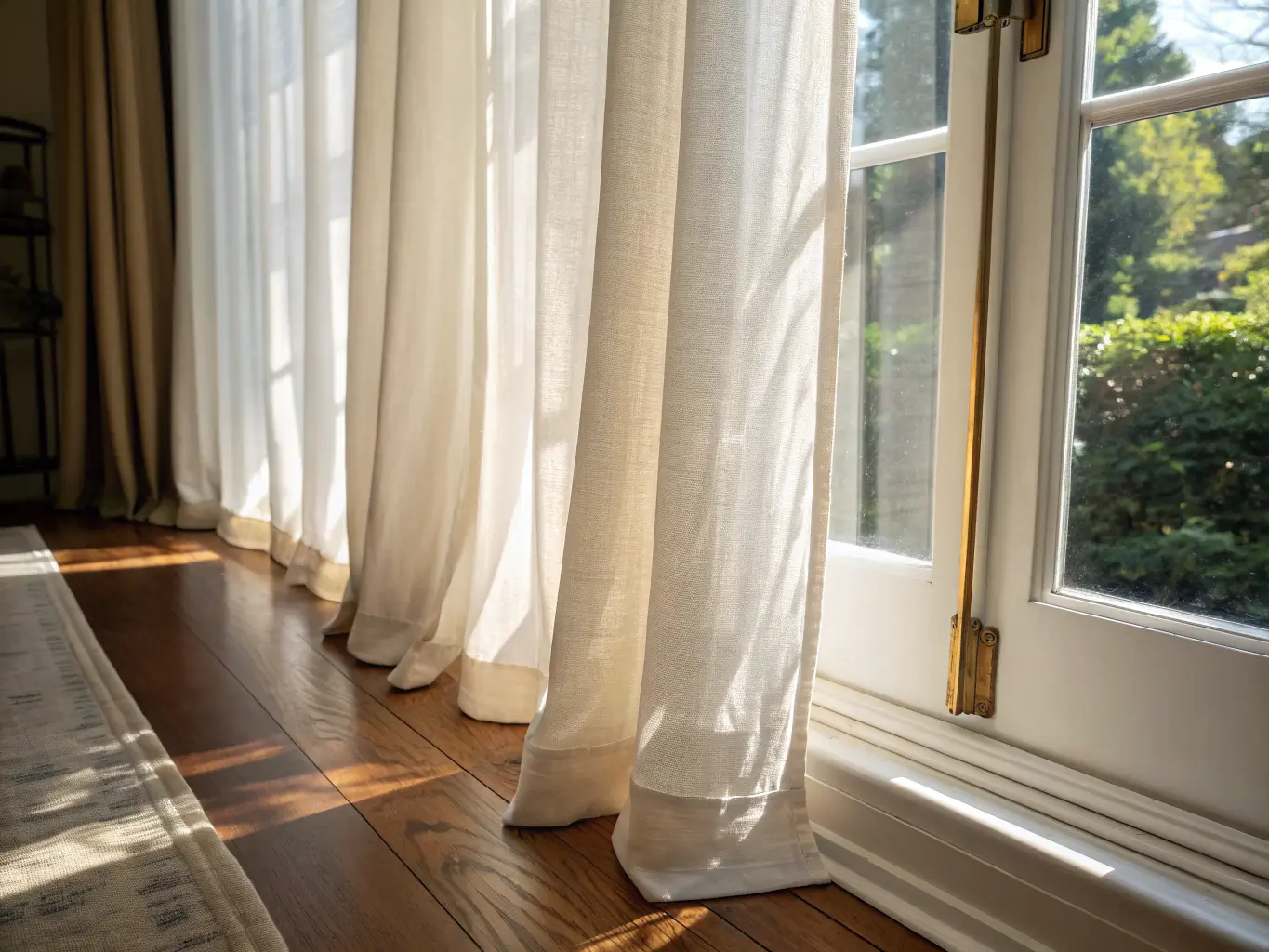 Low-angle view of floor-to-ceiling ivory linen curtains glowing in backlit afternoon sun, casting soft shadows on a walnut floor beside a marble desk, with brass rod hardware and blurred greenery beyond.