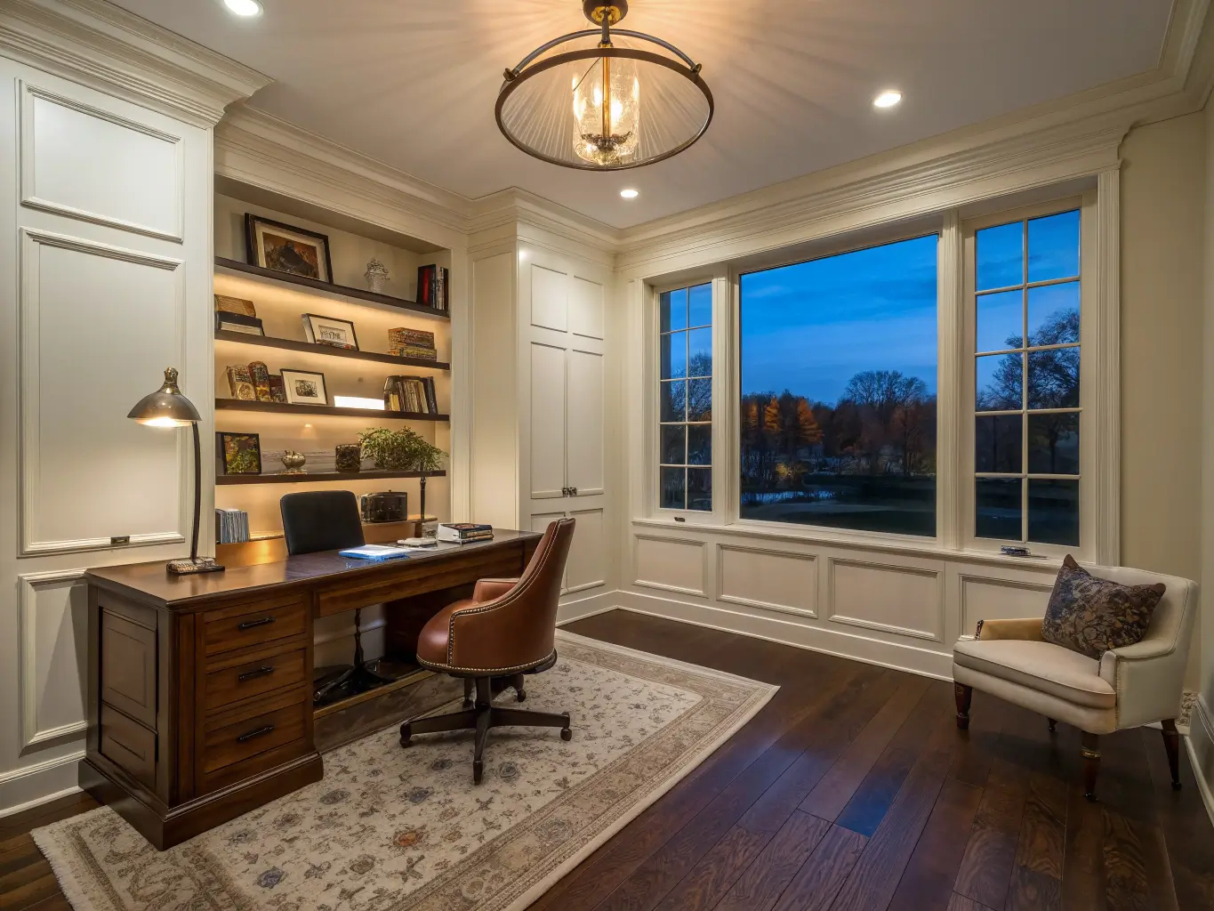 Wide doorway view of a luxury study at dusk with layered warm lighting, marble desk, leather chair, ivory walls, walnut floor, fluted accent wall, and twilight-blue windows in symmetrical framing.