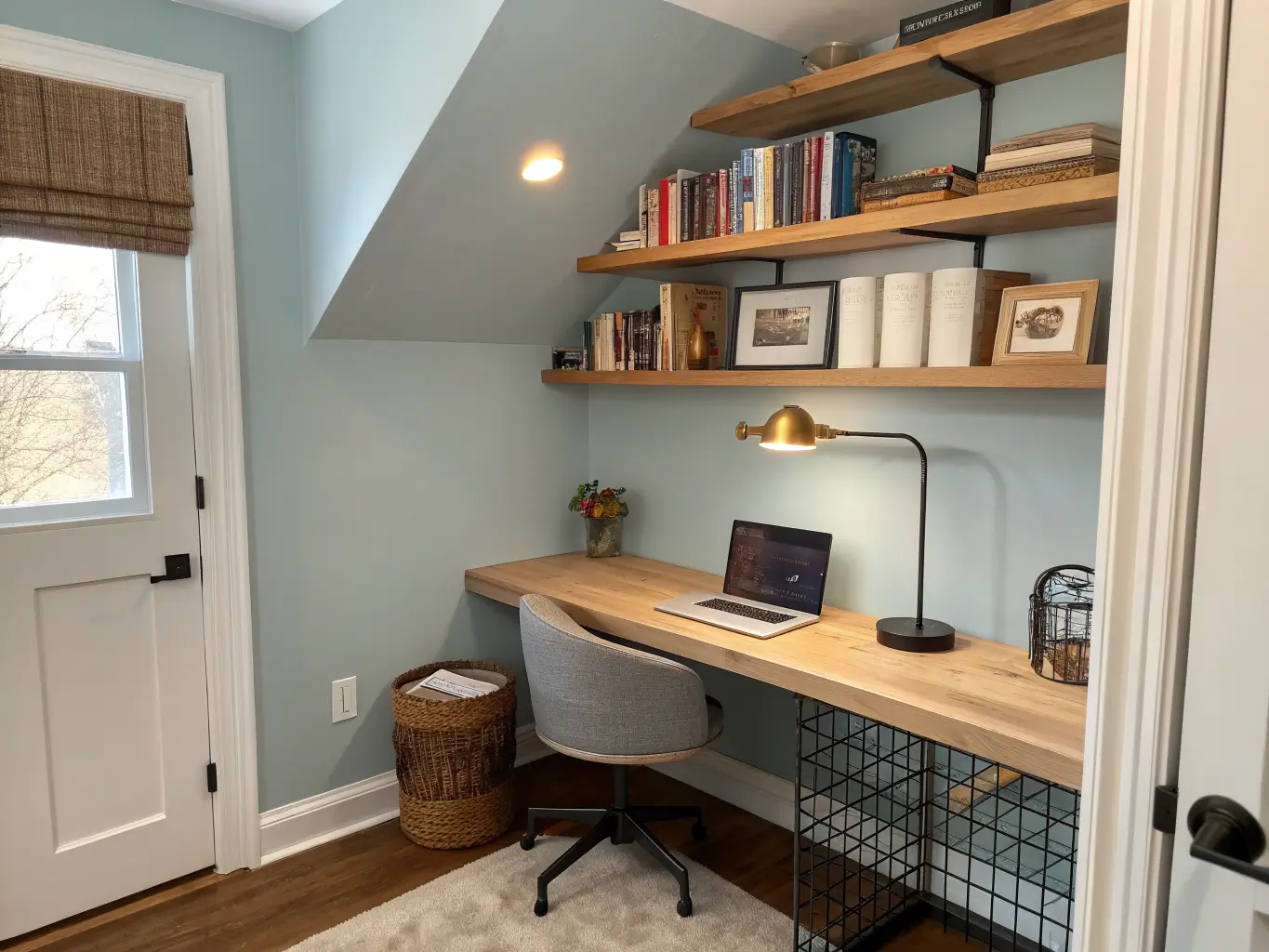 Photorealistic straight-on view of a narrow 3x4ft converted closet study nook with a floating oak desk on a Palladian Blue wall, clip-on daylight task lamp, wire organizer, fabric bin on a shelf, and light wood floating shelves with books, softly lit by hidden LED strips.