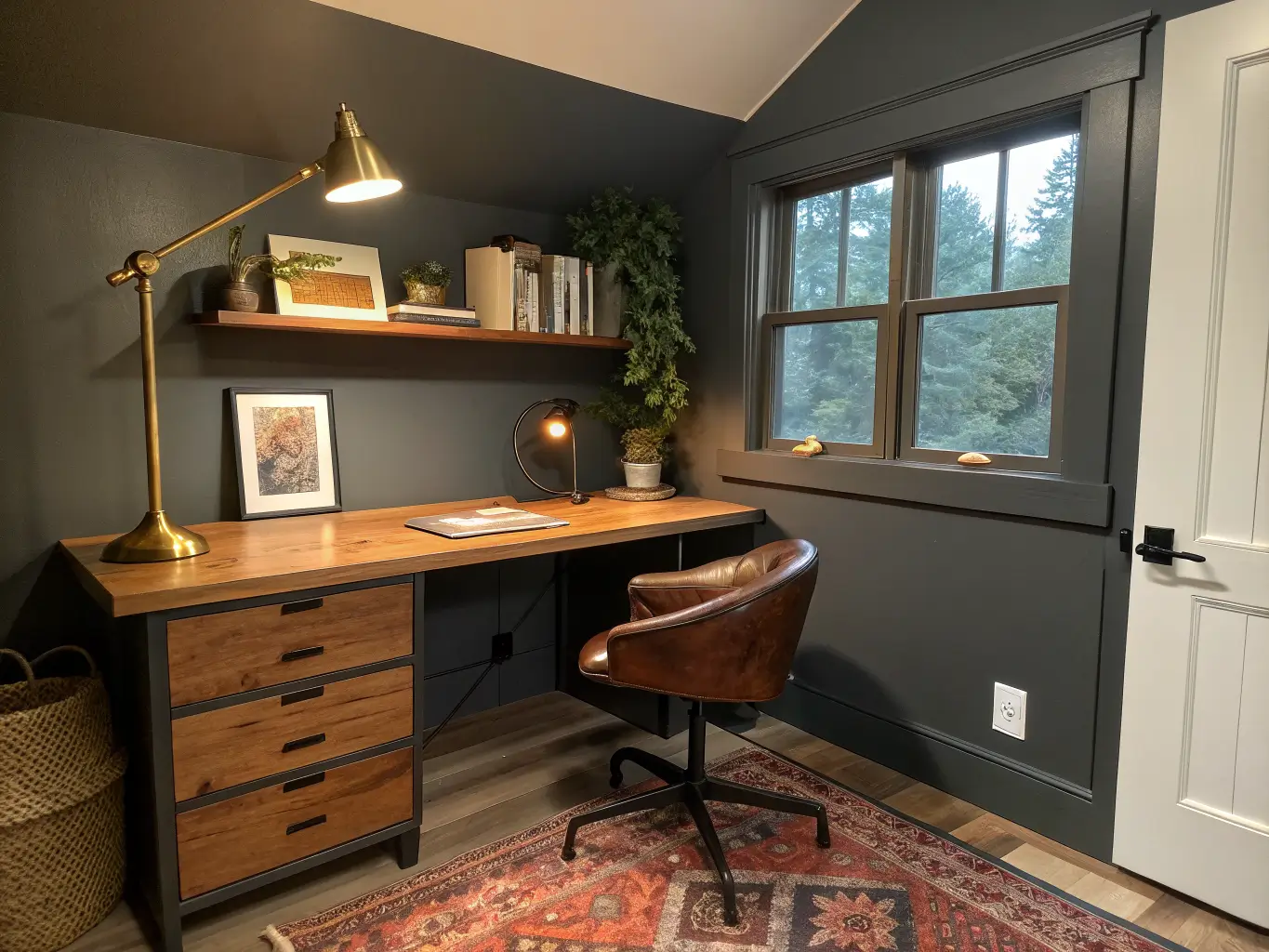 Wide shot of a small closet home office at dusk with charcoal gray walls, honey butcher-block desk, brass lamp glow, walnut shelf with books and pothos, rust rug, and black chair with cognac leather seat.