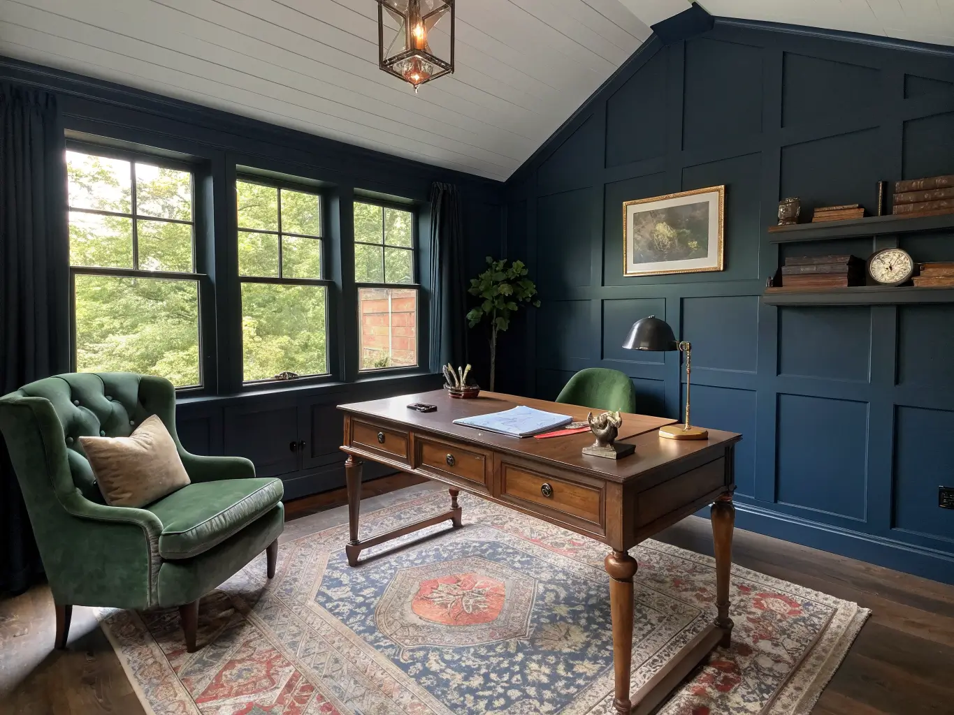Low wide view of a navy-walled home office with a centered walnut desk under a black-framed window, warm afternoon light on brass accessories, an oversized cream-and-rust rug, and an emerald velvet chair by a walnut credenza.