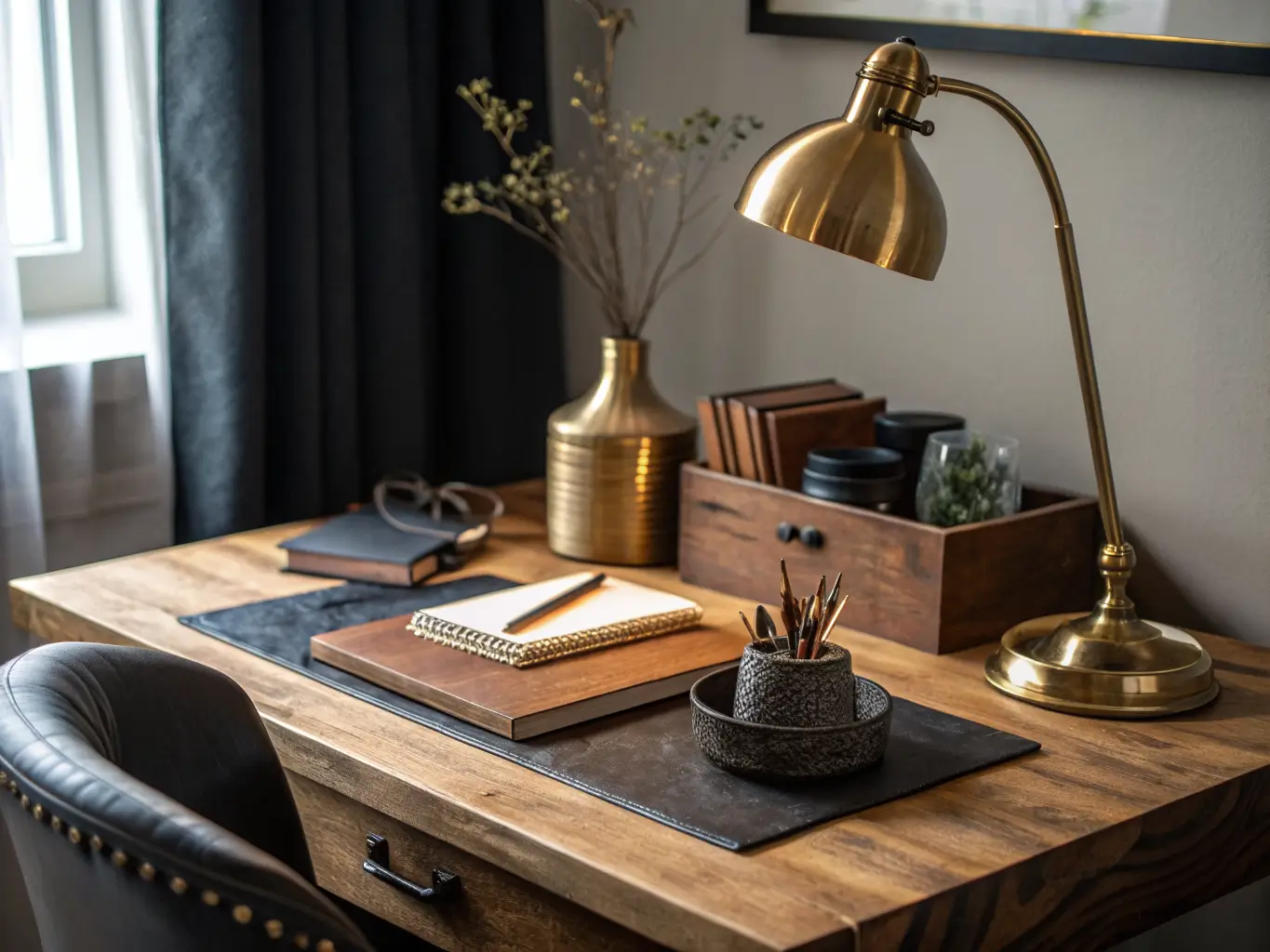 Close-up of a moody home office desk corner with a brass banker’s lamp, leather desk pad, linen notebooks, brass letter tray, and a dried eucalyptus stem in a dark vase, warmly lit against charcoal walls.