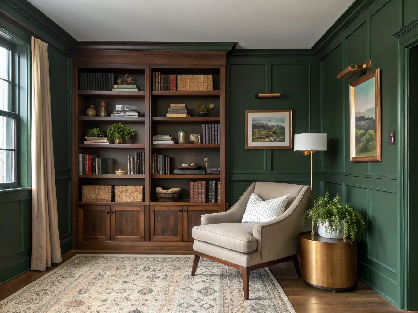 Wide shot of a forest-green home office library wall with walnut built-in shelves of books and ceramics, a brass-framed landscape print, ZZ plant, and a cozy reading nook with boucle armchair and warm brass floor lamp in late-afternoon light.
