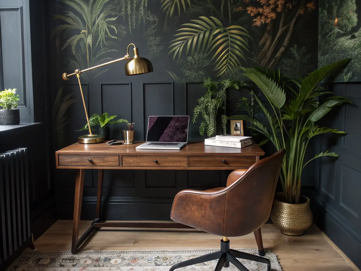 Moody home office desk with dark walnut surface, brass lamp lighting an open notebook and leather planner, aubergine walls and deep green botanical mural behind, black metal chair with cognac leather seat, snake plant left and low cabinet with brass pulls right.