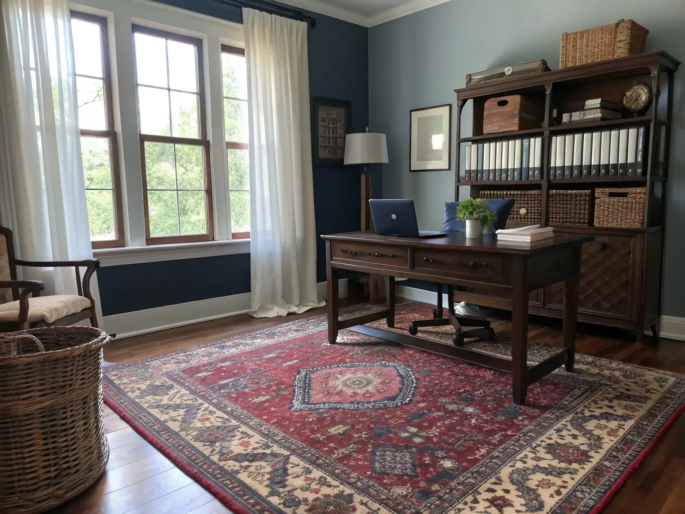 Low-angle view of a dark wood desk on a burgundy and navy Persian-style rug in a stormy blue home office, with a jute basket, linen-curtained window light, and warm lamp glow.