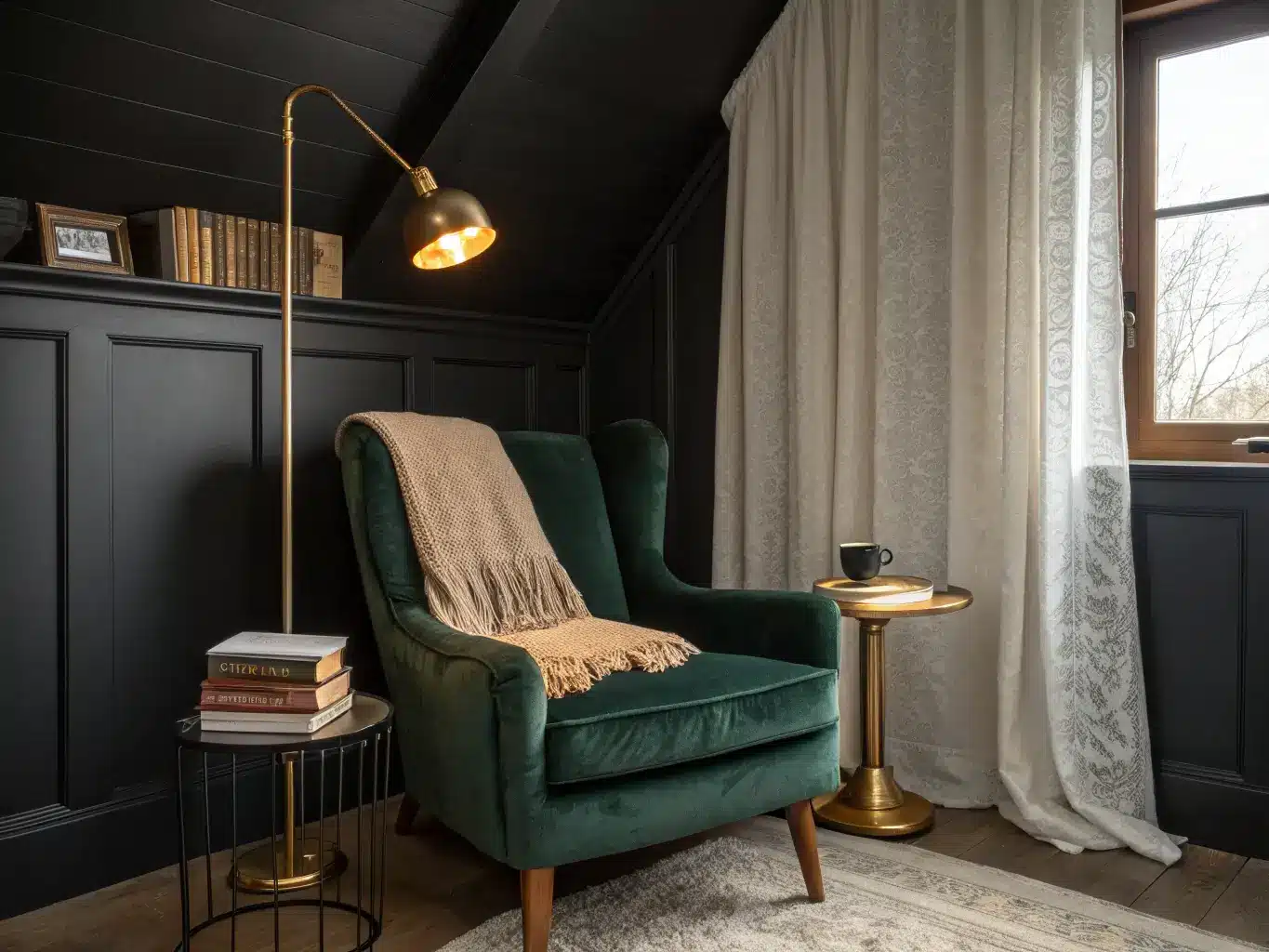 Cozy golden-hour home office reading corner with charcoal walls, emerald velvet armchair, brass lamp, walnut table with books and mug, and sheer curtain diffusing light.