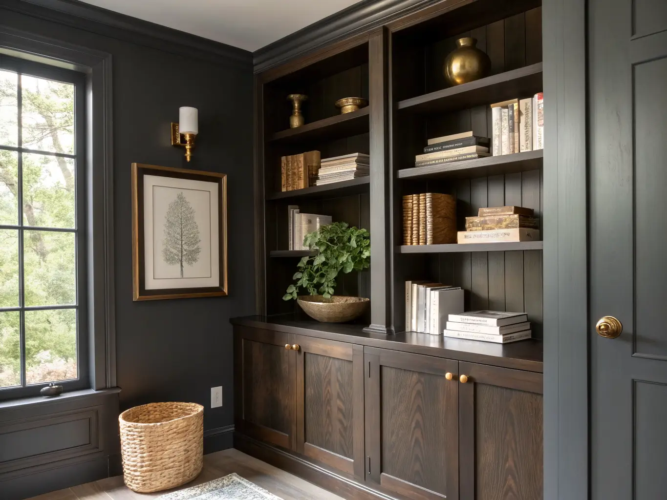 Moody home office built-in shelves in dark walnut with brass hardware, styled with books, brass bowl, vintage botanical print under a warm picture light, and trailing pothos on charcoal walls.