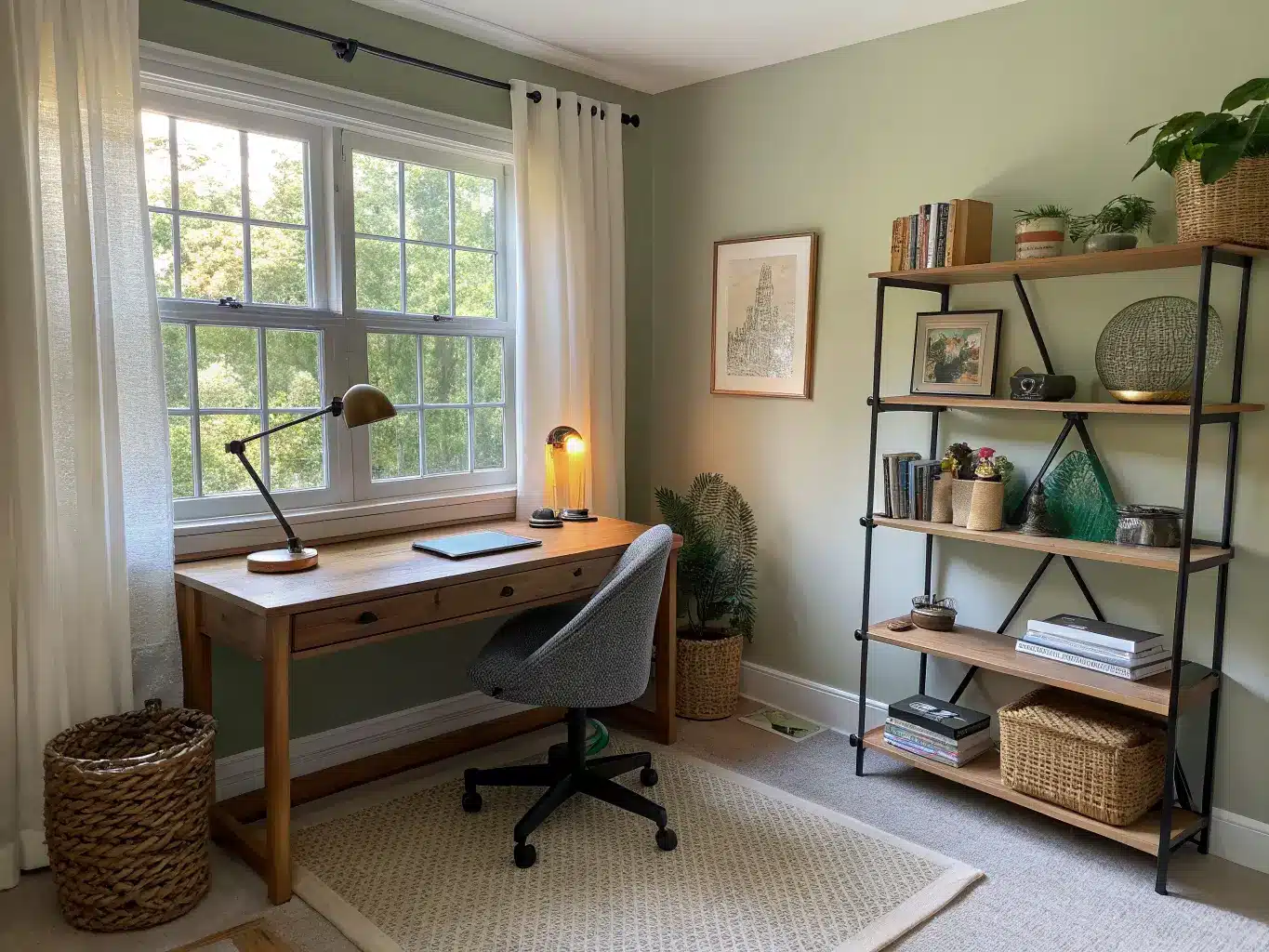 Wide shot of a sage-green spare-room study with an oak desk angled toward a window with sheer curtains, warm late-afternoon light, gray mesh chair, brass lamp, jute rug, minimal art, and a pothos on the sill.