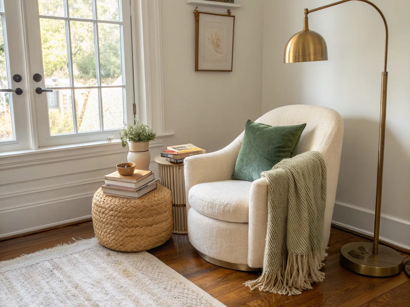 Wide-angle photorealistic modern-cozy living room corner with a cream boucle chair, brass floor lamp, rattan side table with books, sage pillow, knit throw, and jute rug in warm afternoon light.
